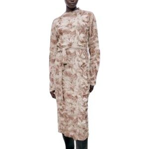 Zara Beige Taupe Brown Crinkled Jacquard Belted Tie Waist Midi Dress - L